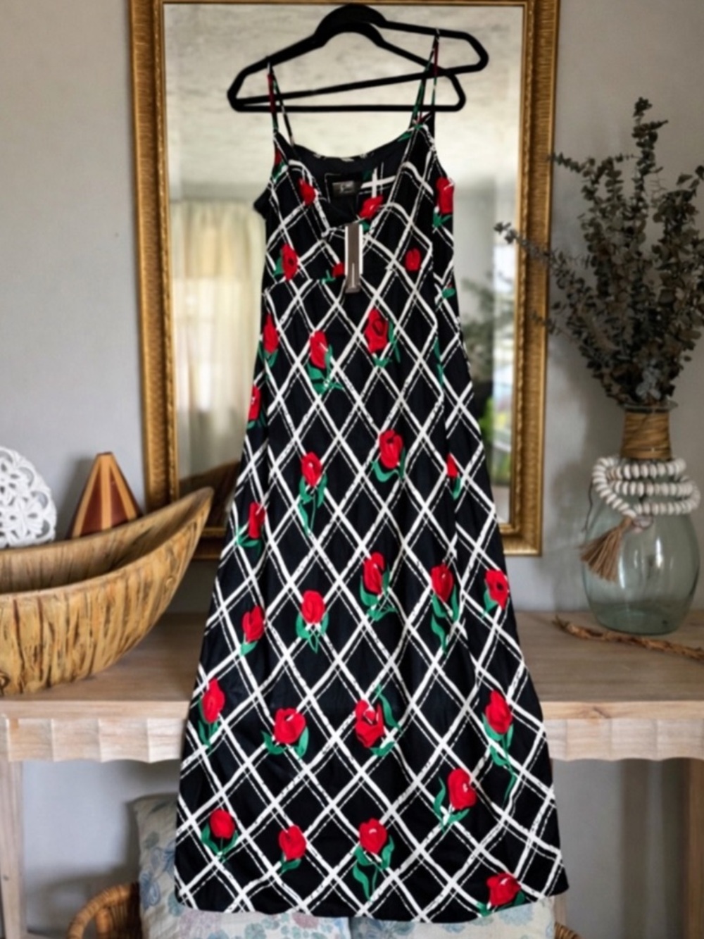 Anthropologie Floral Maxi Dress🌹Romantic Strappy Midi Black White Red Rose Print - Picture 9 of 9